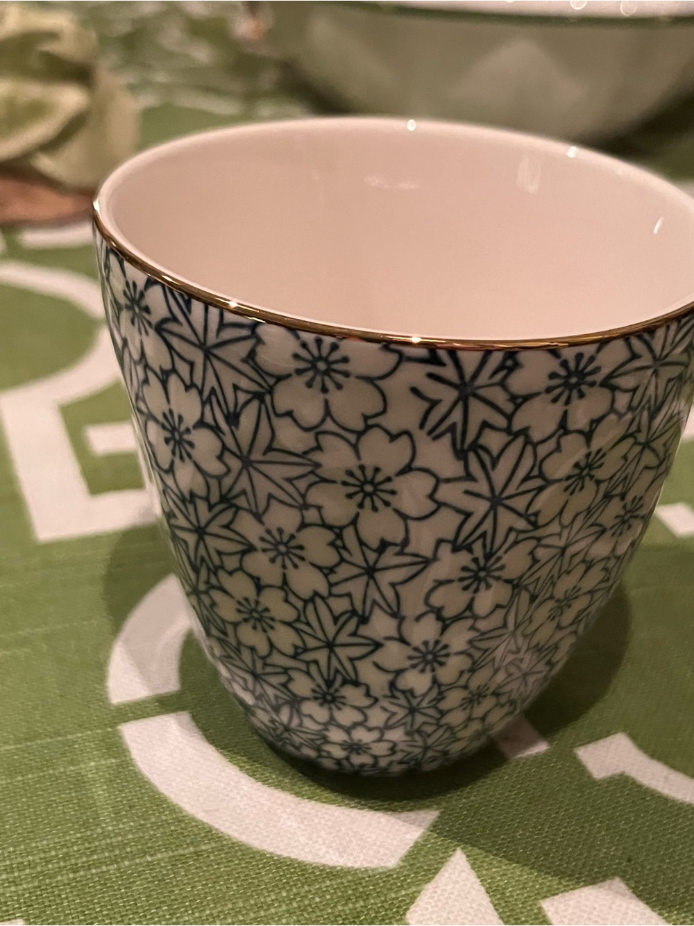 Ashland White Ceramic Vase with Navy Floral Pattern and Gold Rim
